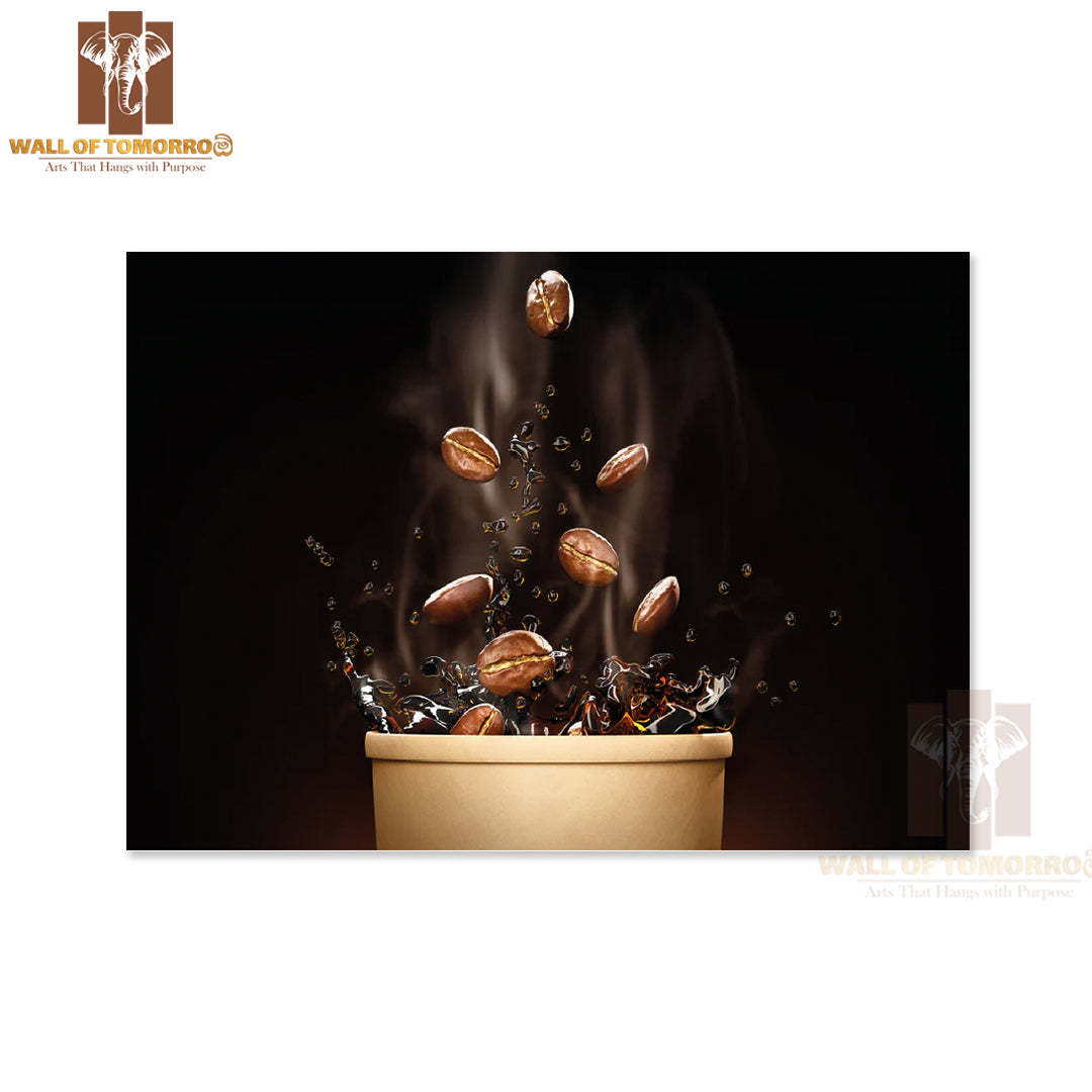 Cup Of Coffee with Coffee Beans & Coffee Beans Flying Out of It High Quality Unframed Poster Print Wall Décor