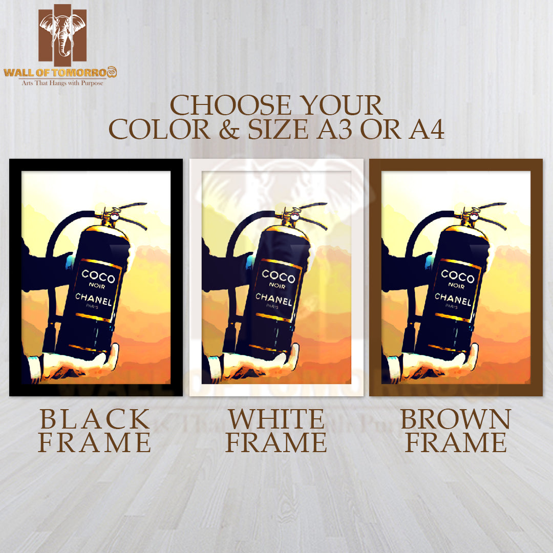 Man Holding a Famous Fashion Brand Gas Bottle High Quality Glass Frame Wall Décor