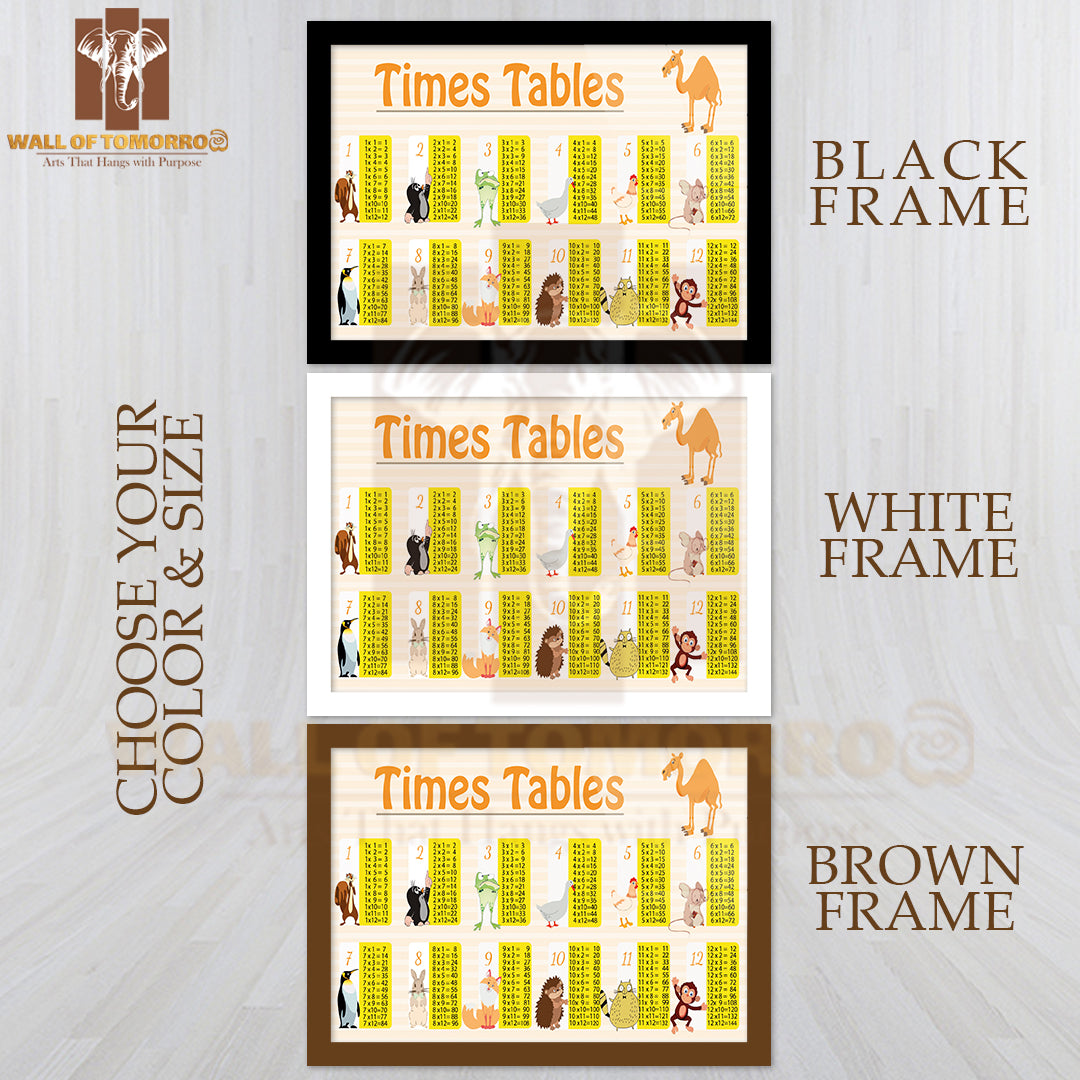 Times Tables with Funny Animals Educational High Quality Glass Frame Wall Décor