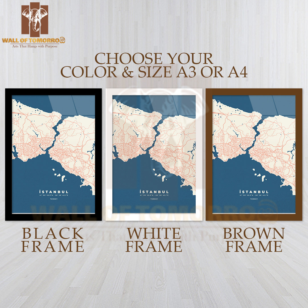 Istanbul City Map Road Educational High Quality Glass Frame Wall Décor