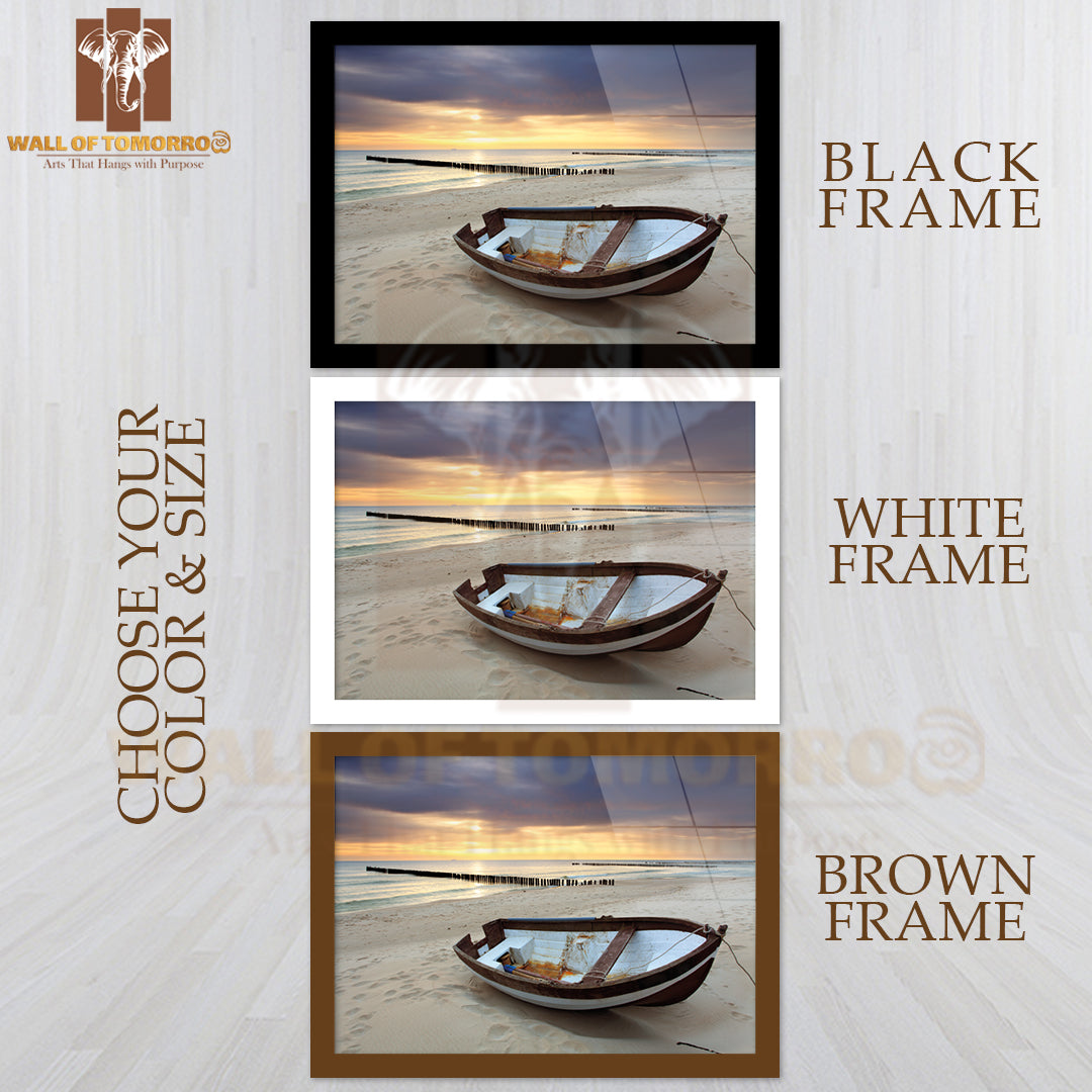Boat On a Beach with A Pier in The Background High Quality Glass Frame Wall Décor