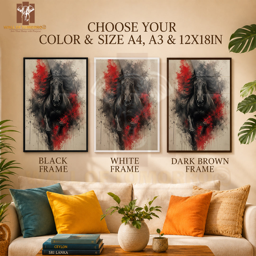 Black & Red Painting Horse Animals High Quality Glass Frame Wall Décor in Sri Lanka