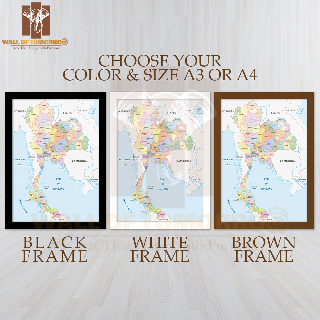 Thailand Administrative Map Educational High Quality Glass Frame Wall Décor