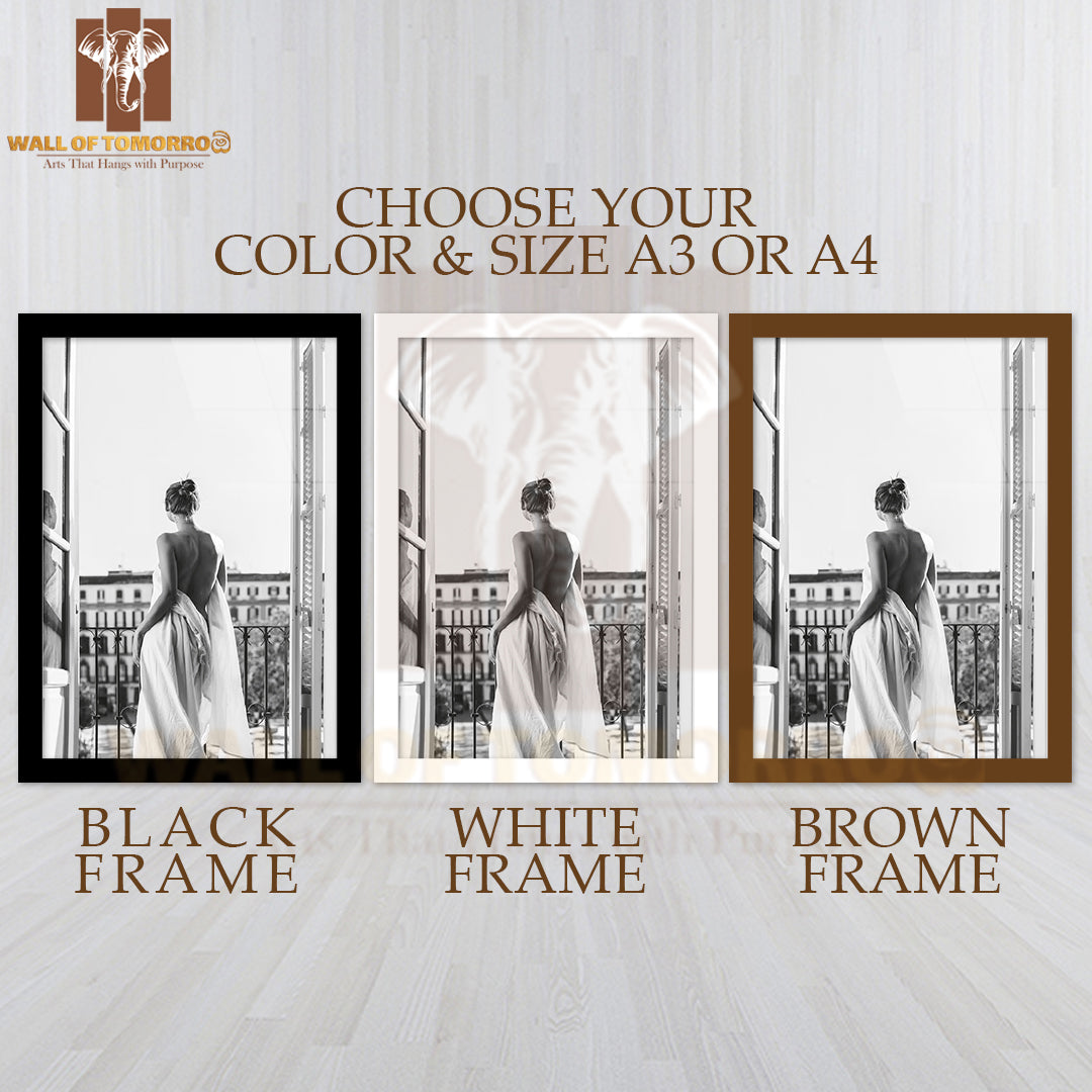 White Dressed Lady Open Window High Quality Glass Frame Wall Décor