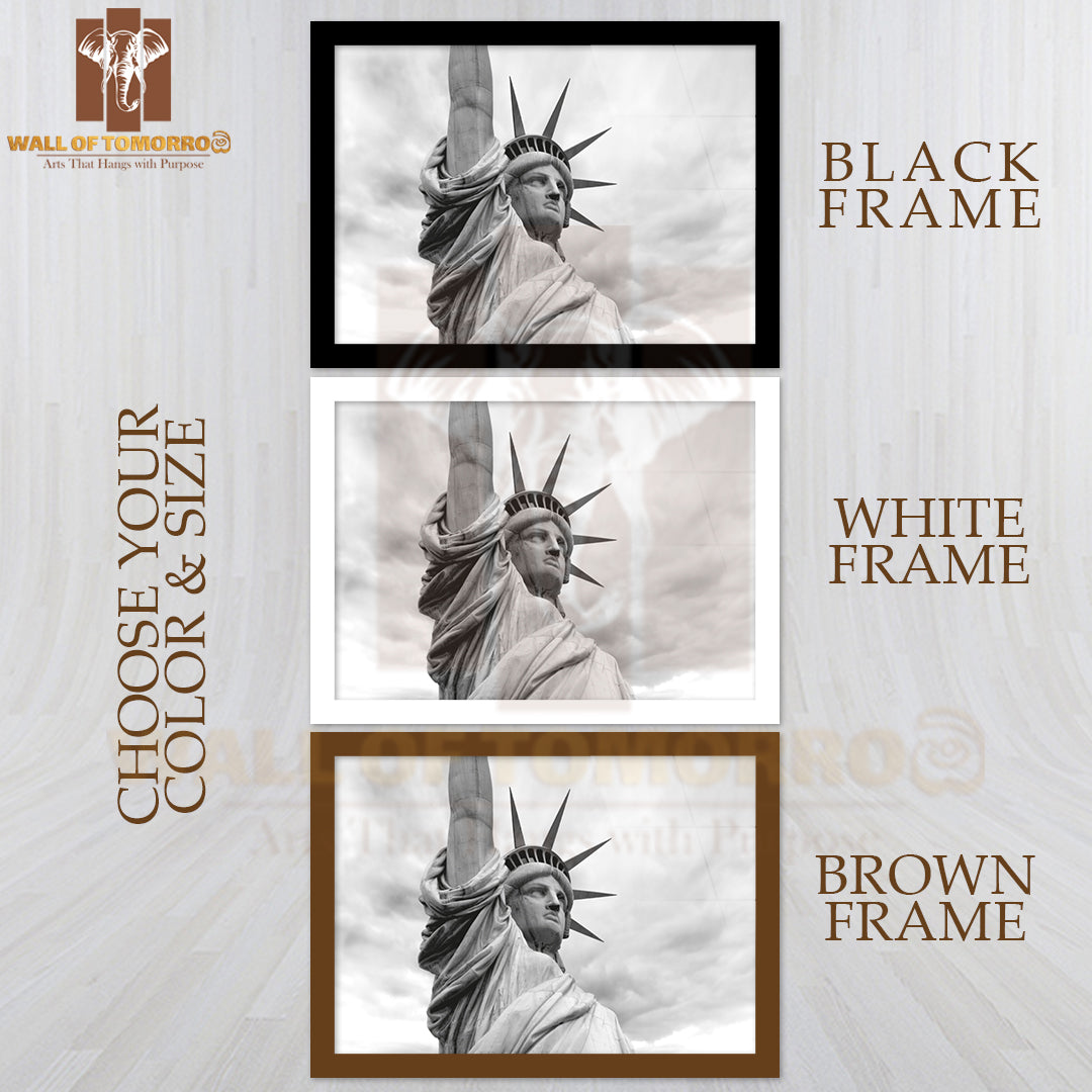 The Statue of Liberty Is Shown in B&W High Quality Glass Frame Wall Décor