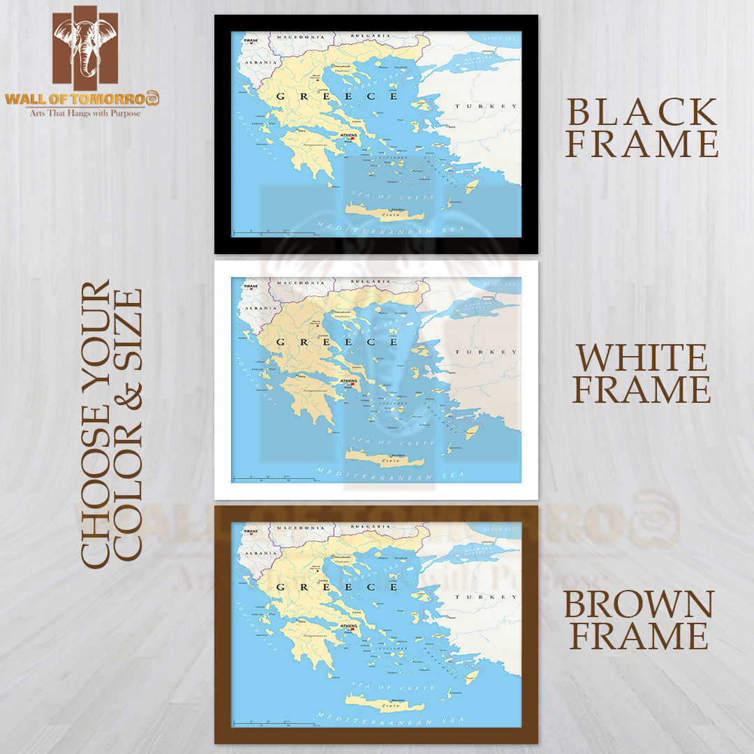 Greece Political Map Educational High Quality Glass Frame Wall Décor