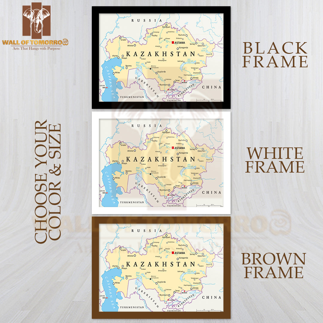 Kazakhstan Political Map with Capital Astana Educational High Quality Glass Frame Wall Décor