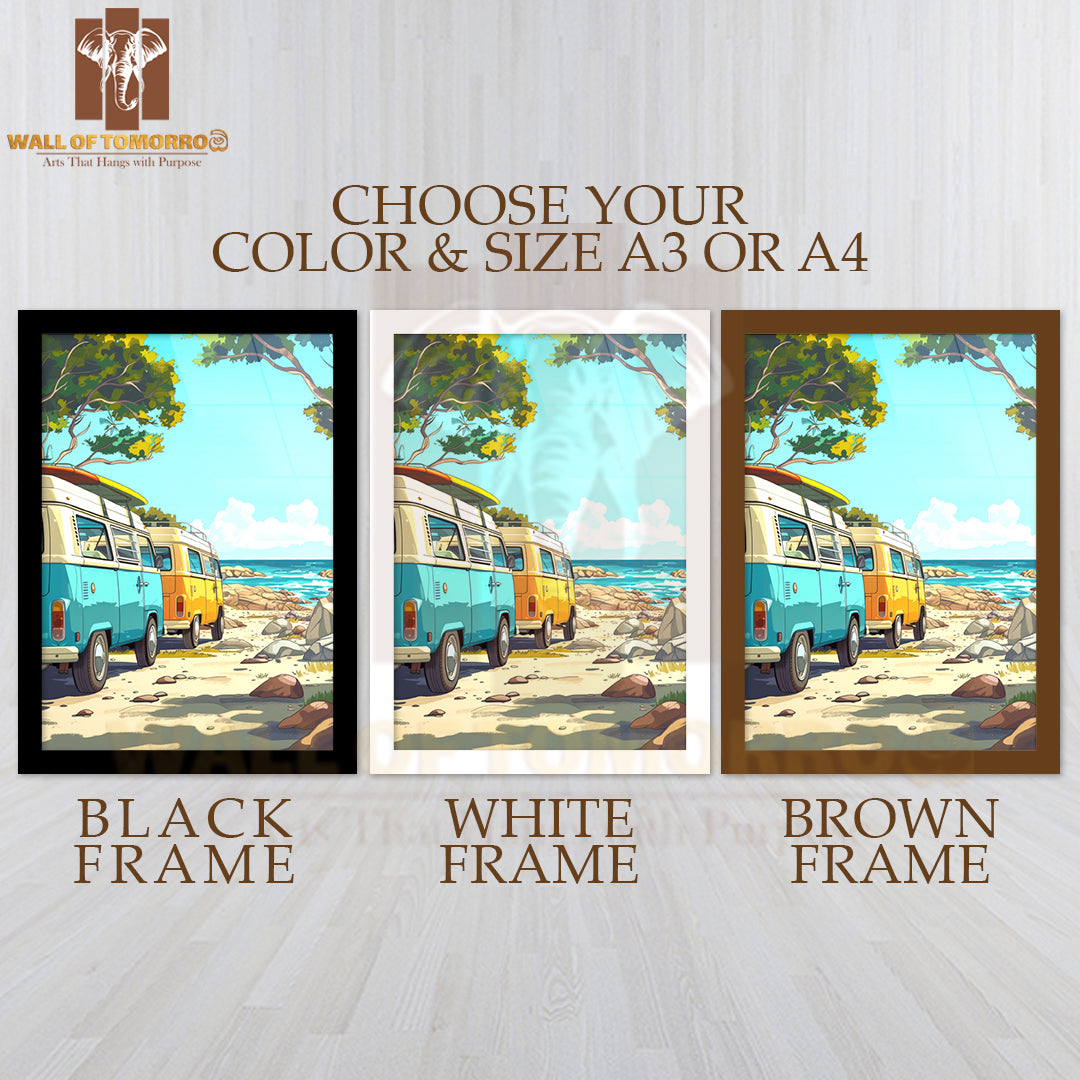 Van on The Beach with Surfboards High Quality Glass Frame Wall Décor