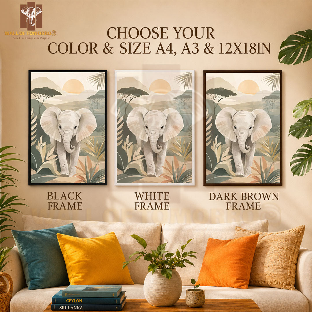 Illustrated Young Elephant Animals High Quality Glass Frame Wall Décor in Sri Lanka