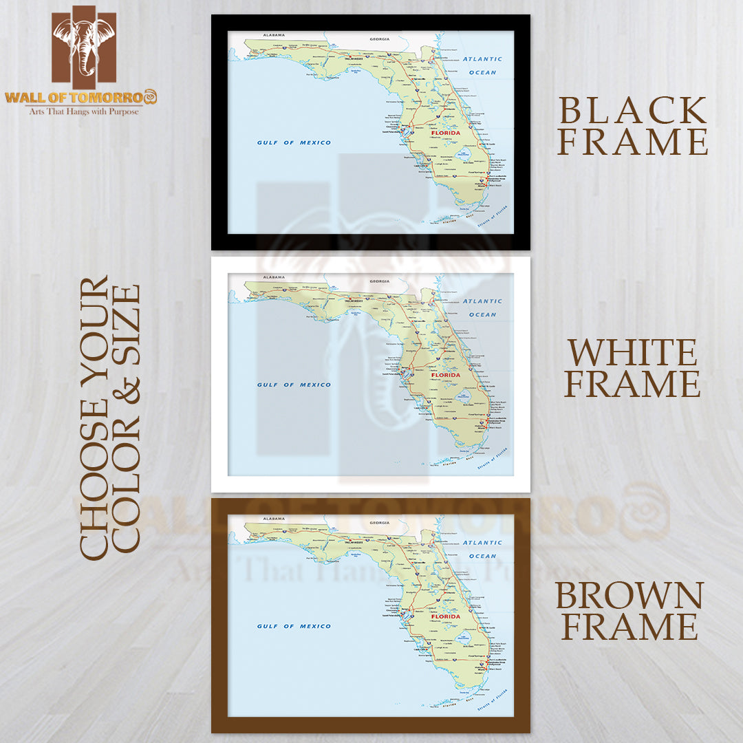 Florida Map Educational High Quality Glass Frame Wall Décor