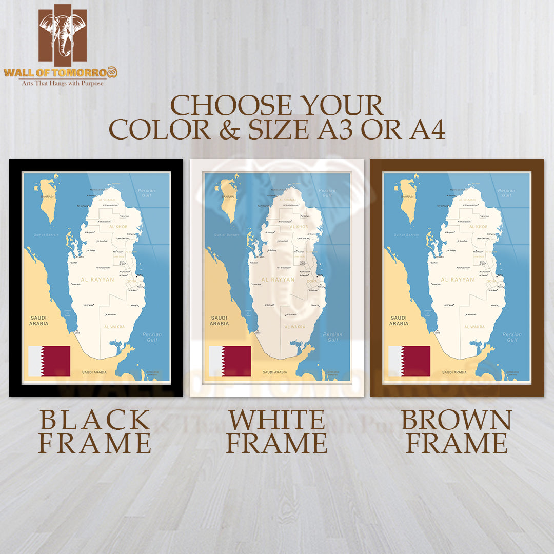 Qatar - Detailed Map with Administrative Divisions Educational High Quality Glass Frame Wall Décor