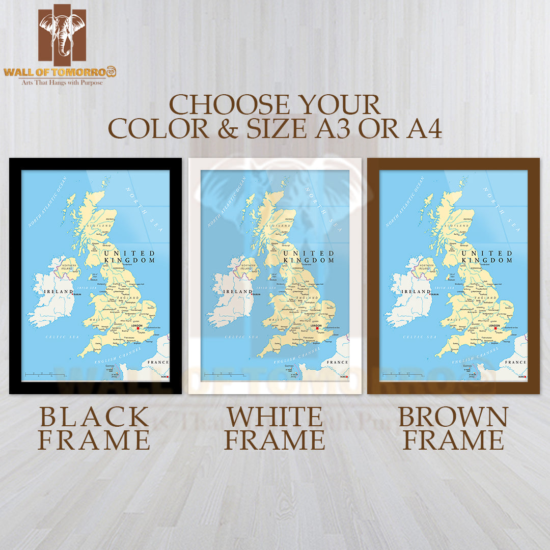 United Kingdom Political Map with Capital London Educational High Quality Glass Frame Wall Décor