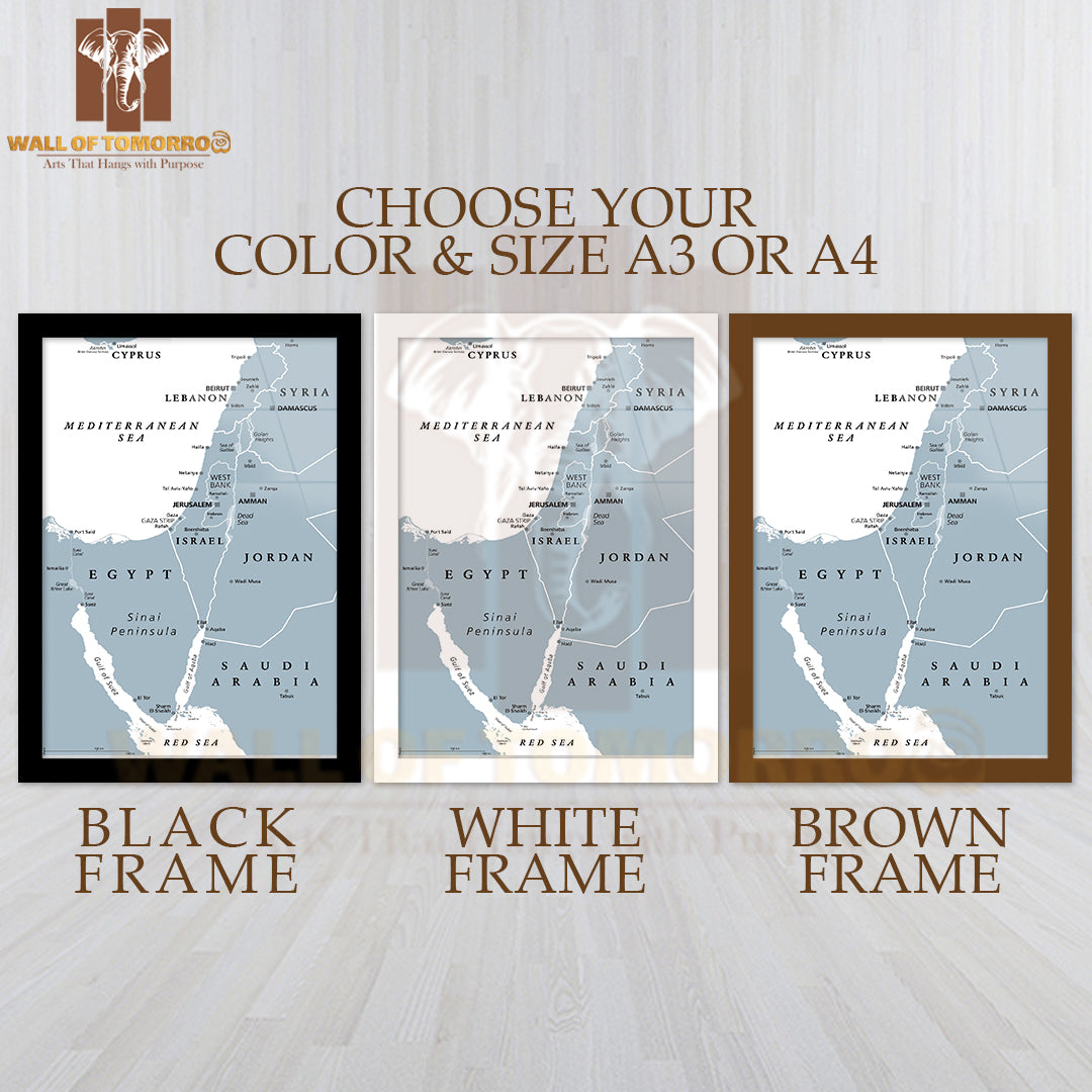 Israel & The Sinai Peninsula, Gray Political Map Educational High Quality Glass Frame Wall Décor