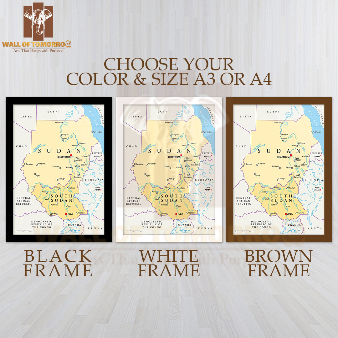 Sudan and South Sudan Political Map Educational High Quality Glass Frame Wall Décor