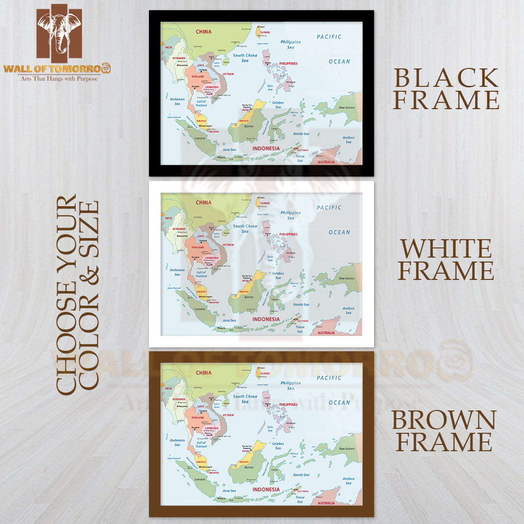 Southeast Asia Map Educational High Quality Glass Frame Wall Décor