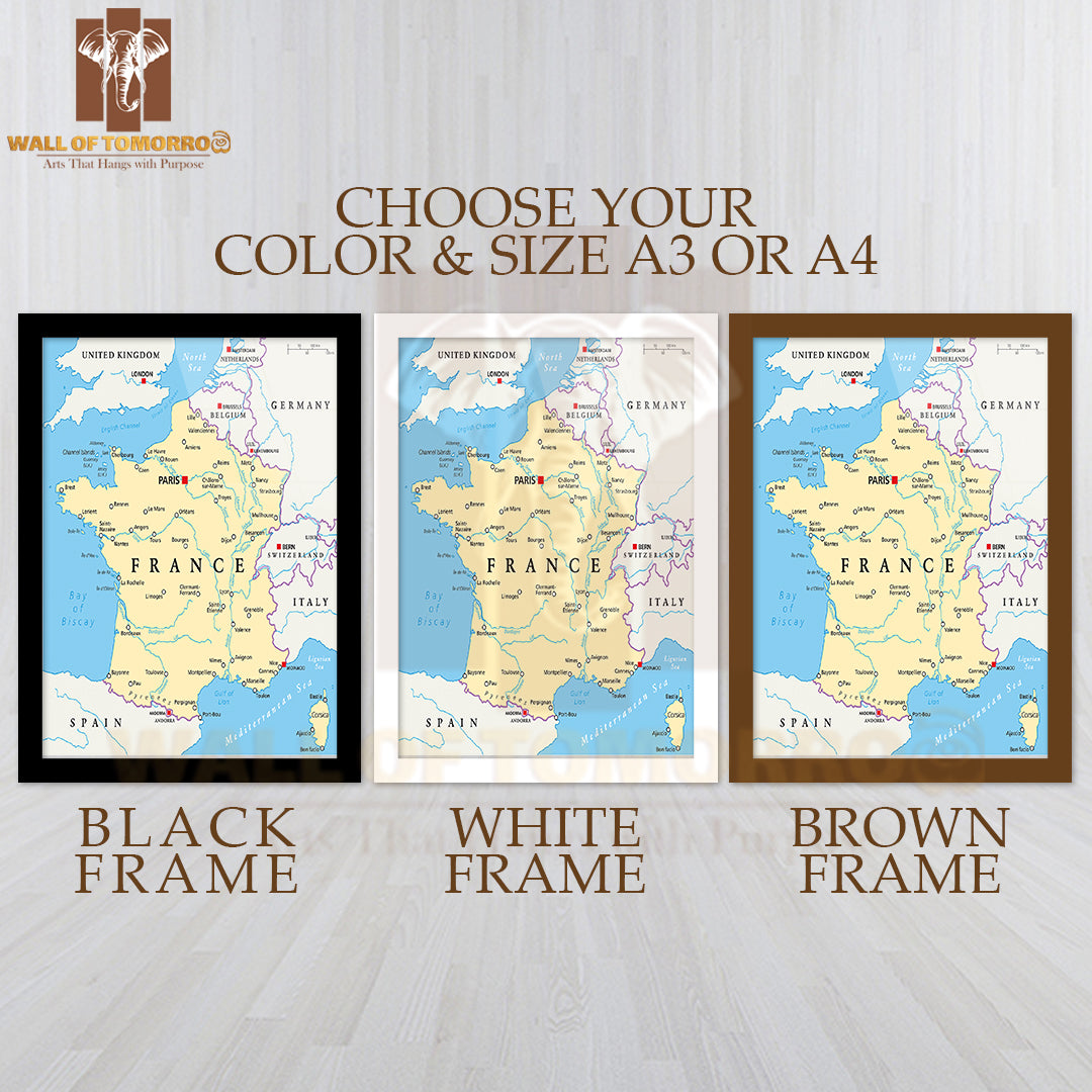 France Political Map with Capital Paris Educational High Quality Glass Frame Wall Décor