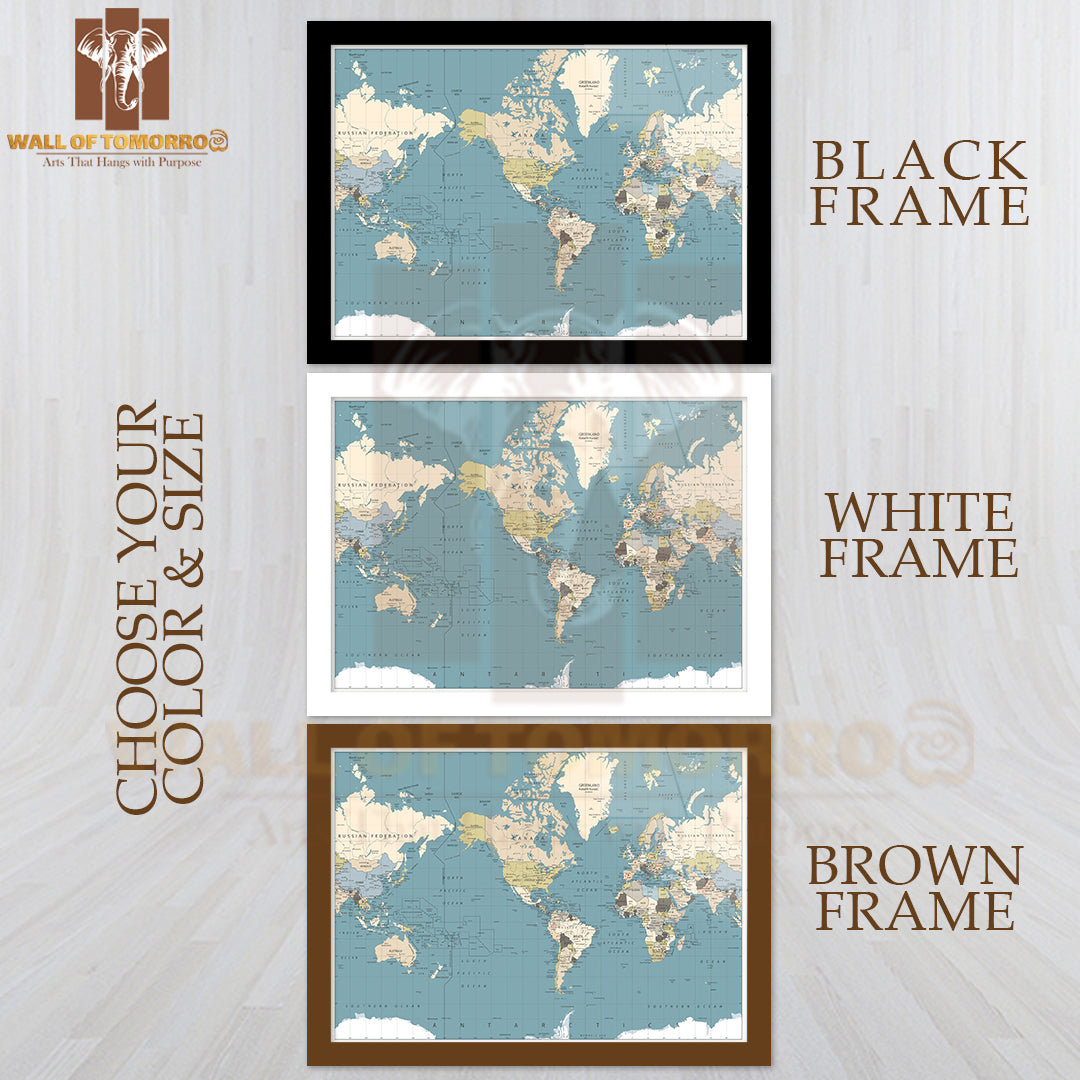 America Centered World Map Educational High Quality Glass Frame Wall Décor