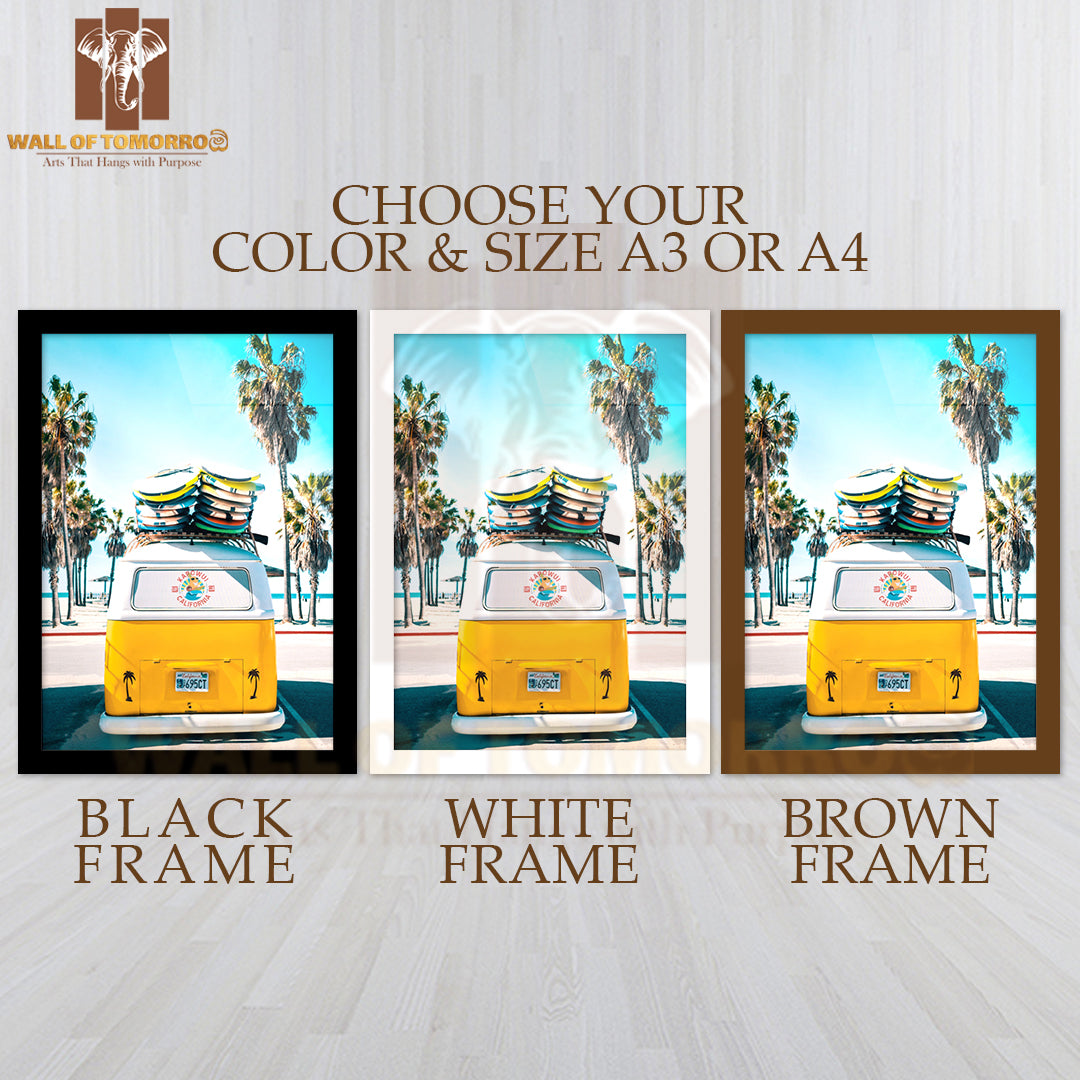 Yellow Van with Surfboards on Top of It High Quality Glass Frame Wall Décor
