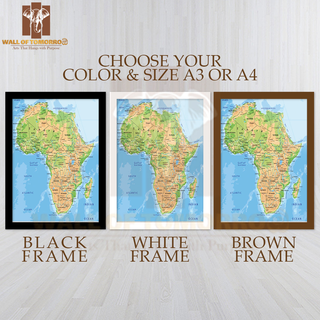 High Detailed Africa Physical Map Educational High Quality Glass Frame Wall Décor