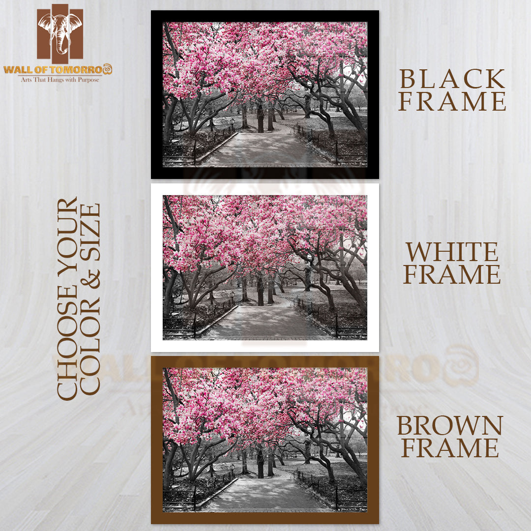 Pink Blossoms In Central Park Black and White High Quality Unframed Poster Print & Waterproof Poster Print Wall Décor
