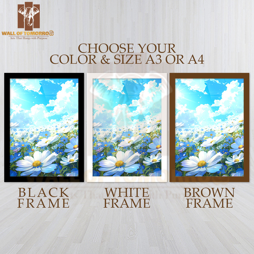 Field Of Flowers with A Blue Sky in The Background High Quality Glass Frame Wall Décor