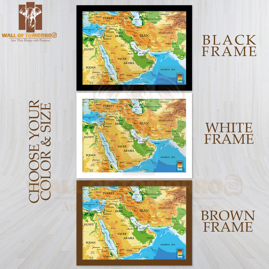 Middle East Physical Map Educational High Quality Glass Frame Wall Décor
