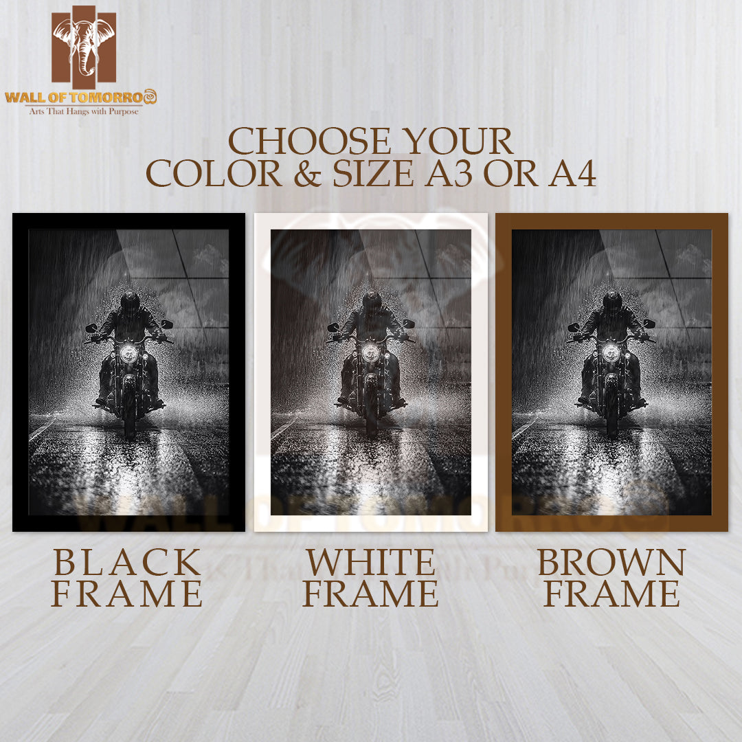 Storm Motorcycle Rider B&W High Quality Glass Frame Wall Décor
