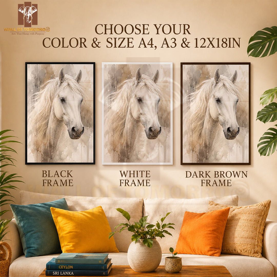 White Horse Painting Animals High Quality Glass Frame Wall Décor in Sri Lanka