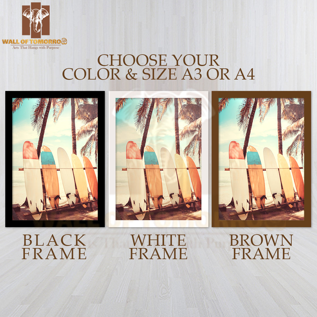 Surfboards on Top of a Wooden Bench High Quality Glass Frame Wall Décor