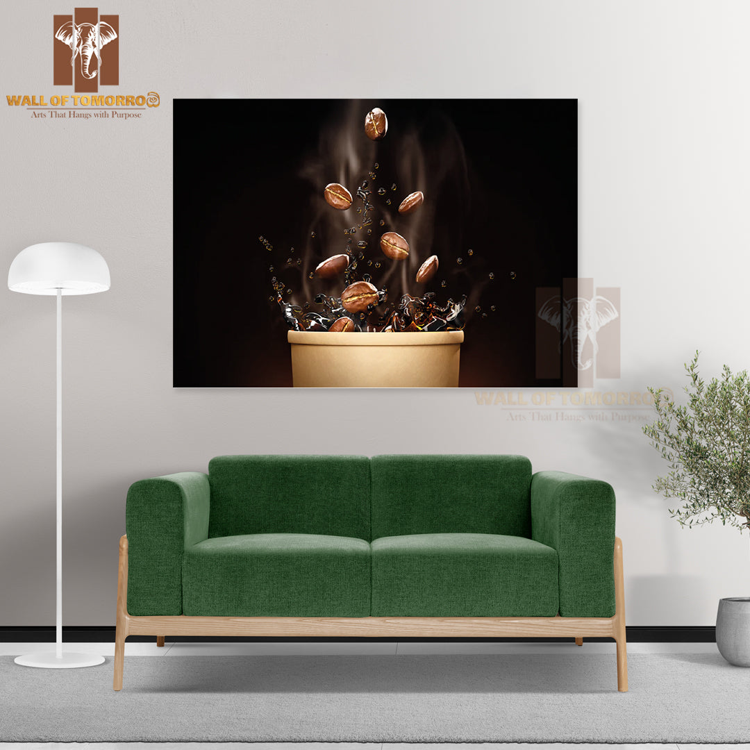 Cup Of Coffee with Coffee Beans & Coffee Beans Flying Out of It High Quality Unframed Poster Print Wall Décor