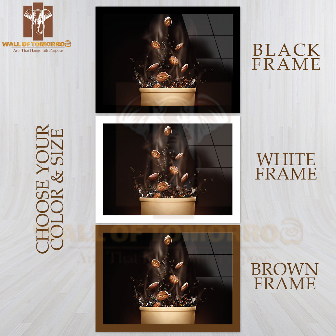 Cup Of Coffee with Coffee Beans and Coffee Beans Flying Out of It High Quality Glass Frame Wall Décor