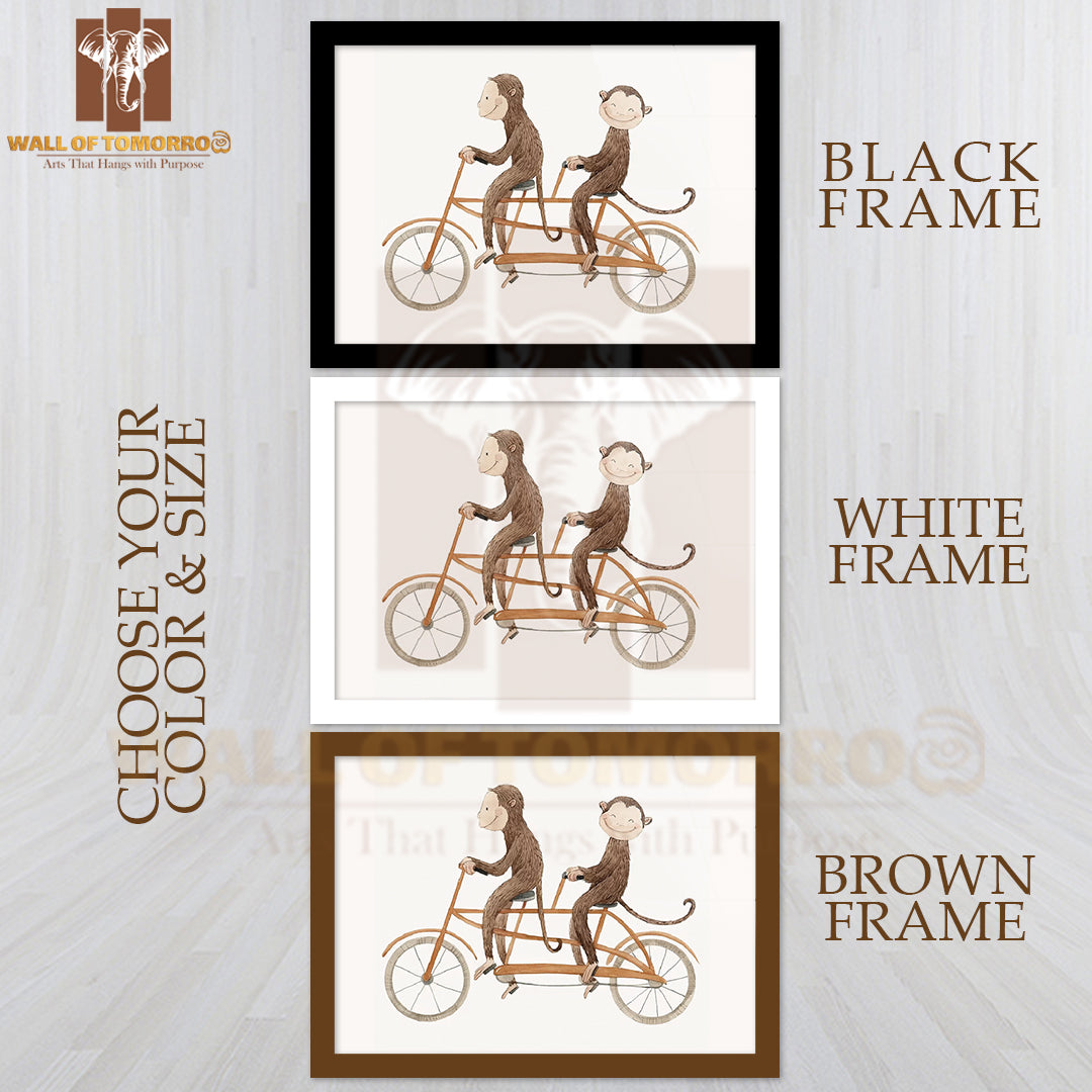 Monkeys Riding Bicycle High Quality Glass Frame Wall Décor