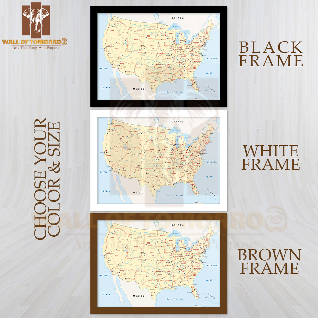 US Interstate Highway Map Educational High Quality Glass Frame Wall Décor