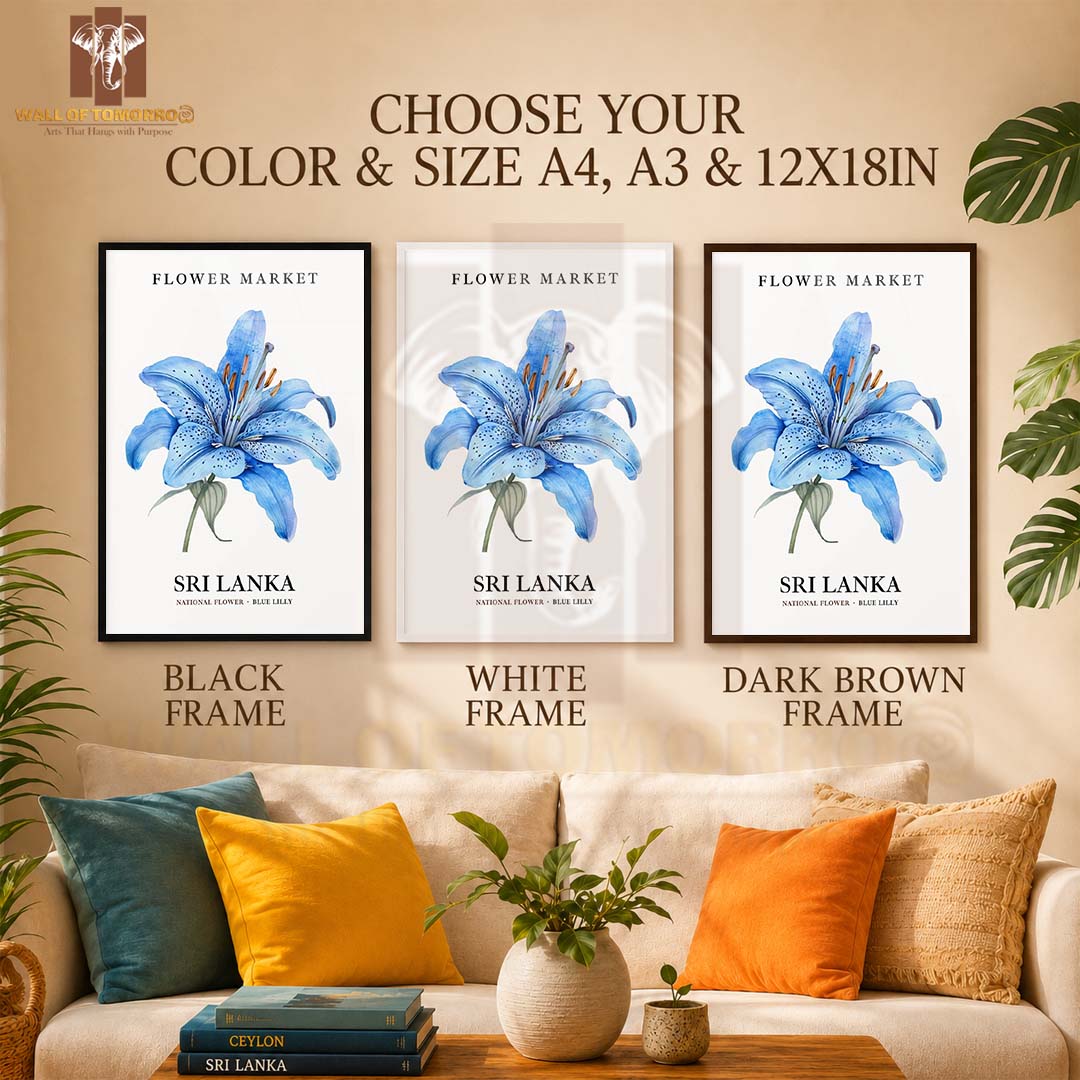 Sri Lanka National Flower, Blue Lily 1960's High Quality Glass Frame Wall Décor