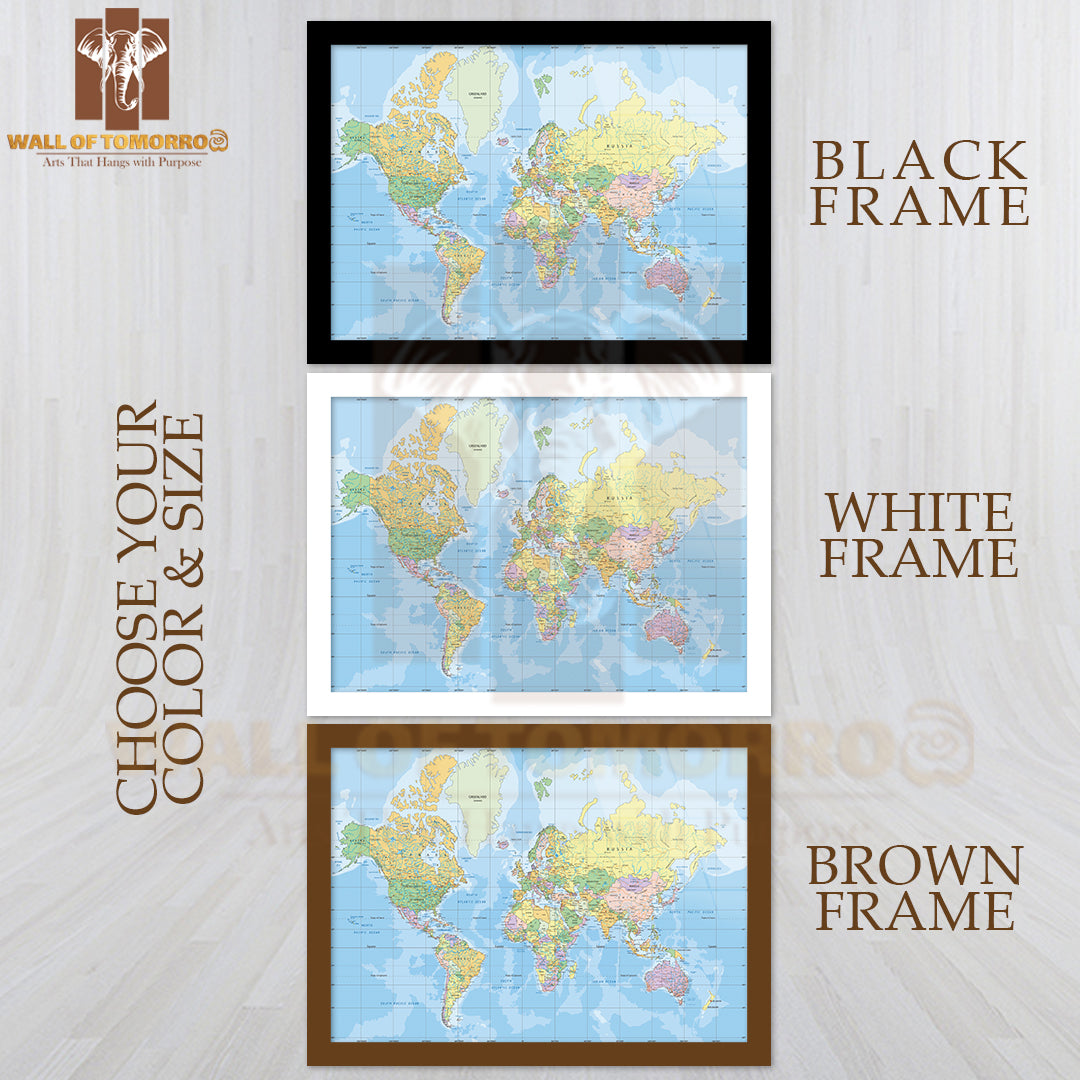 Political World Map in Mercator Projection Educational High Quality Glass Frame Wall Décor