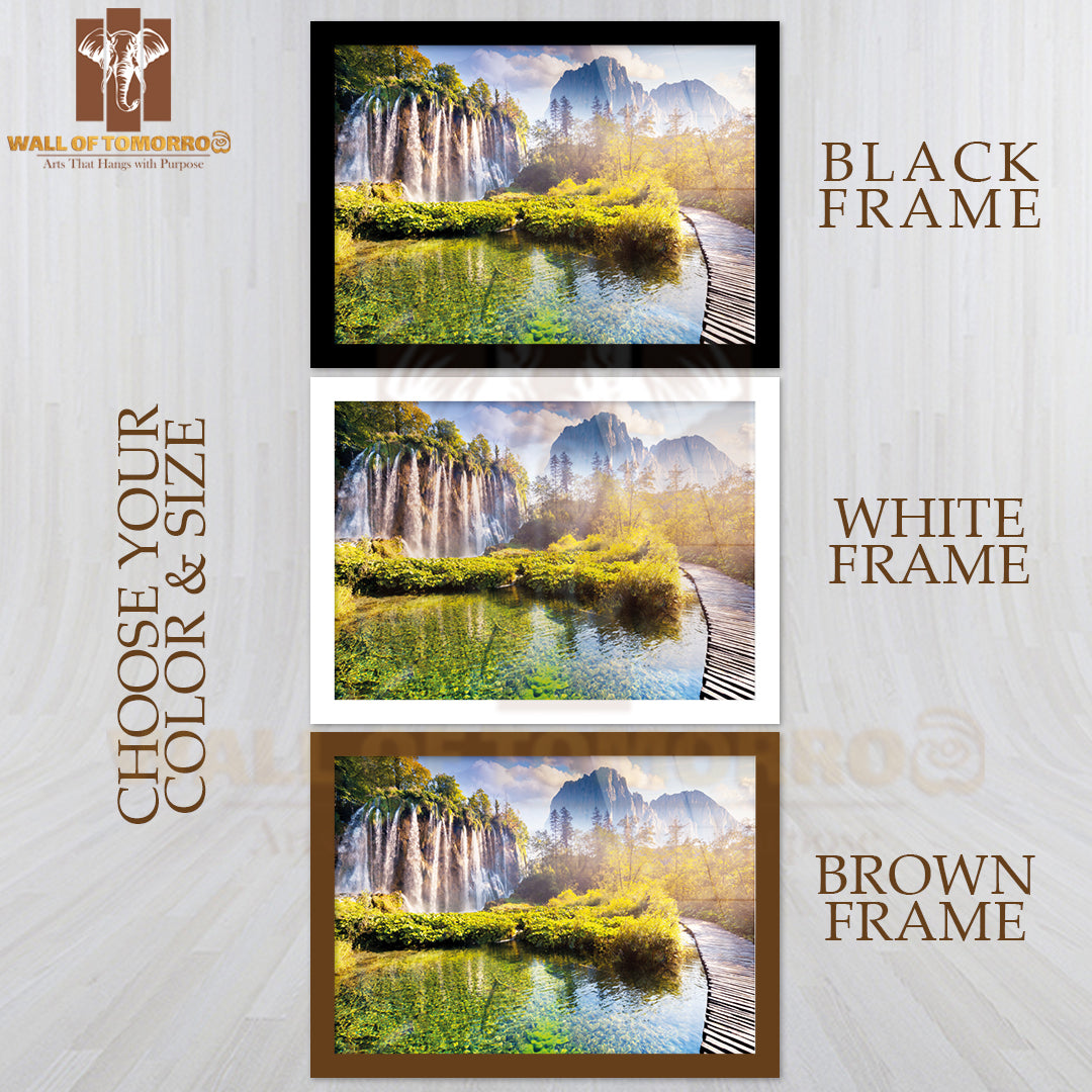 Majestic View On Waterfall with Turquoise Water, Sunny Beams in the Plitvice Lakes National Park High Quality Unframed Poster Print & Waterproof Poster Print Wall Décor