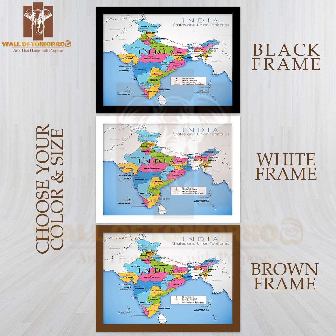 Detailed Map of India Educational High Quality Glass Frame Wall Décor