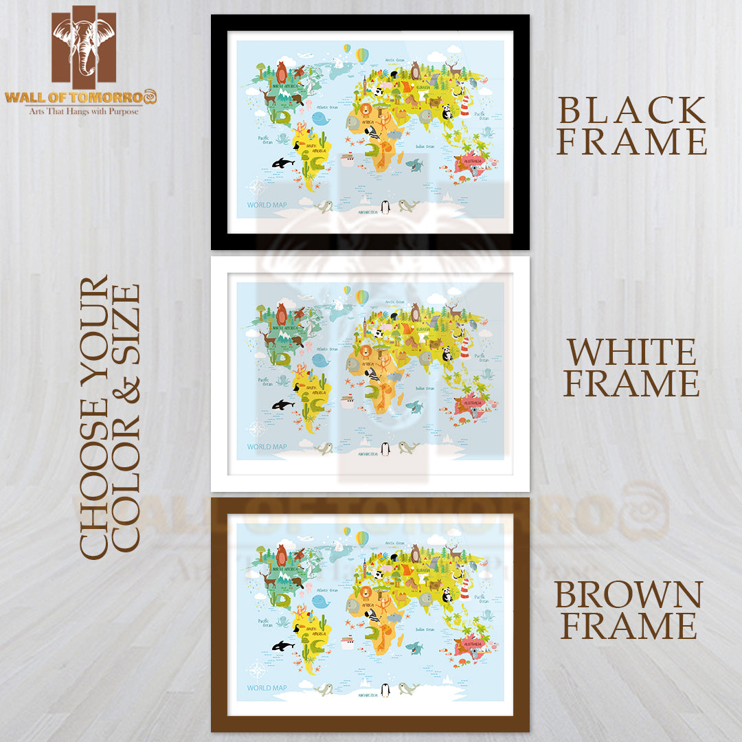 Map Of the World with Cartoon Animals Educational High Quality Glass Frame Wall Décor