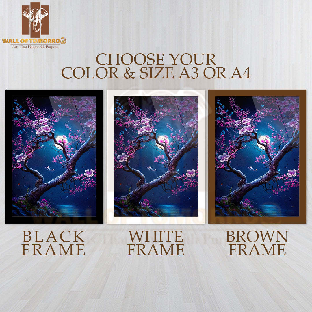 Tree With Flowers and Butterflies in The Moonlight High Quality Glass Frame Wall Décor