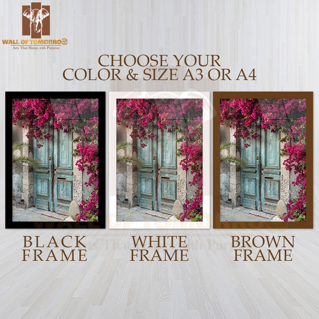 Old Wooden Door with Bougainvillea in Cyprus High Quality Glass Frame Wall Décor