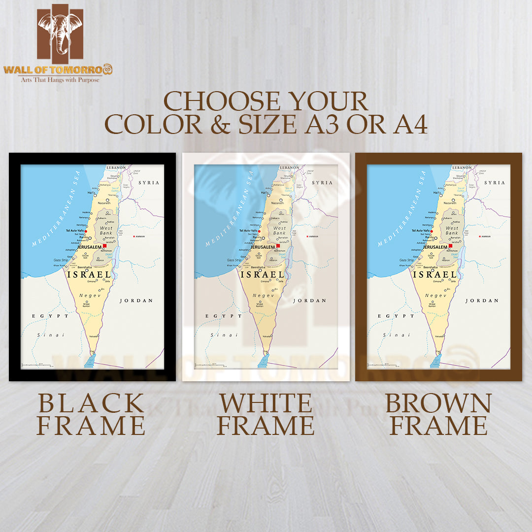 Israel Political Map with Capital Jerusalem Educational High Quality Glass Frame Wall Décor