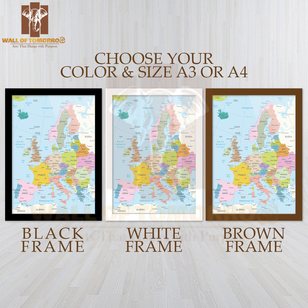 Europa Highly Detailed Map Educational High Quality Glass Frame Wall Décor
