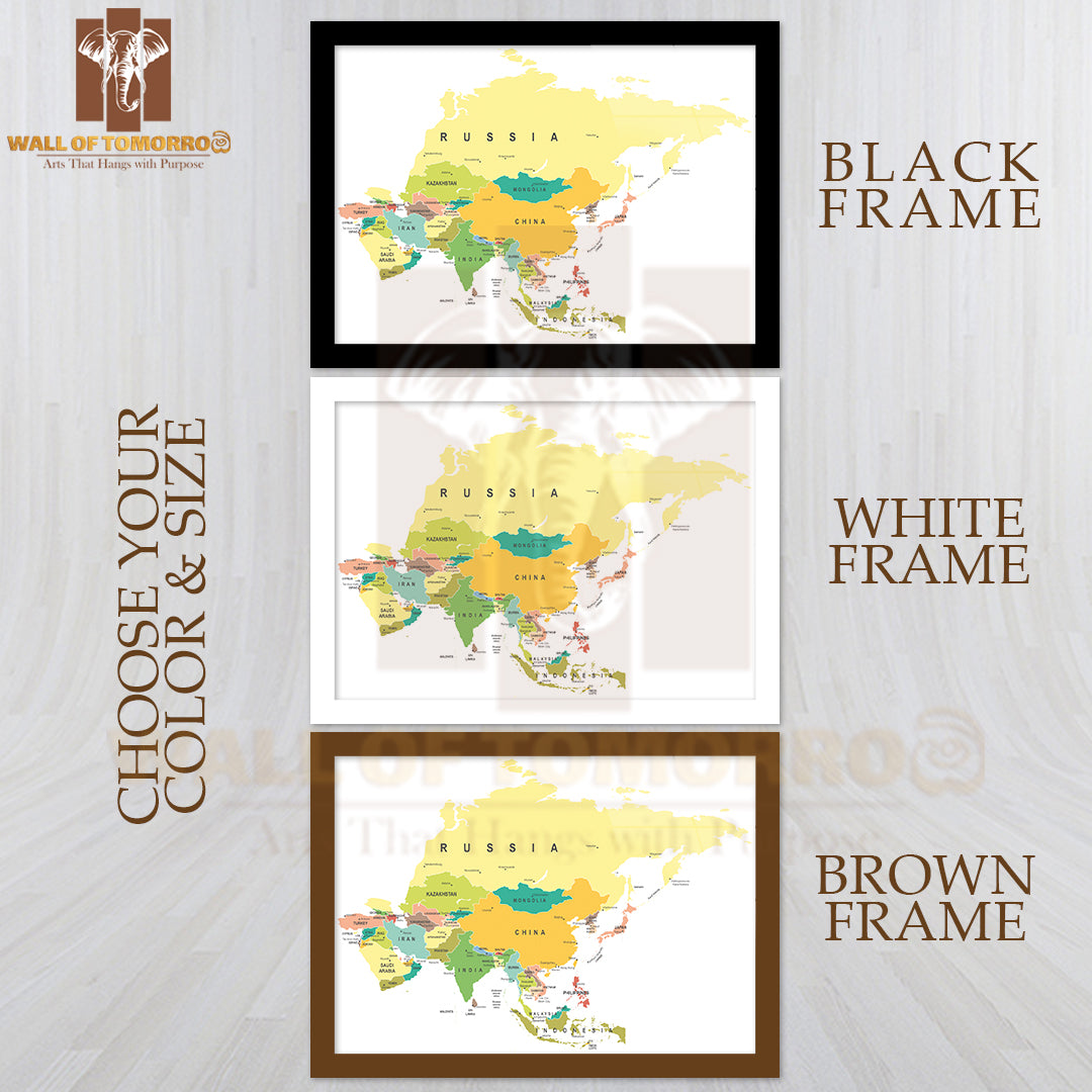 Asia Map Highly Detailed Educational High Quality Glass Frame Wall Décor