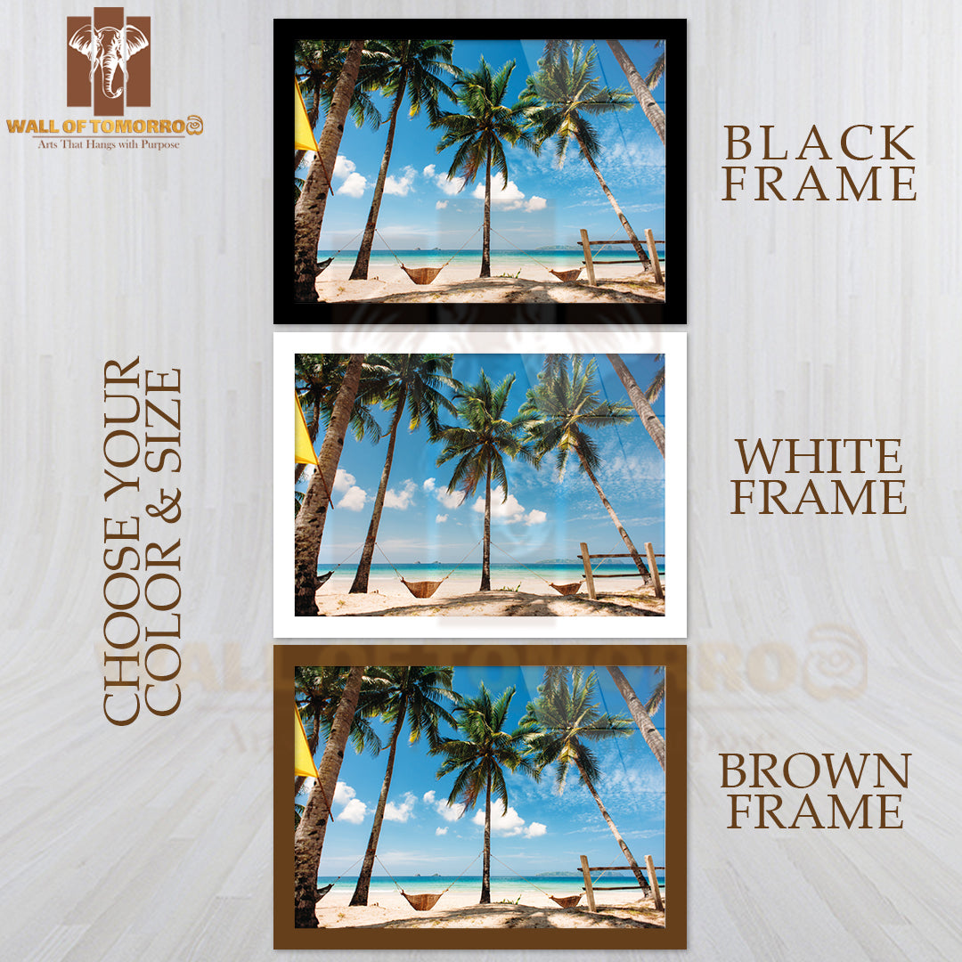 Tropical Beach, Philippines, Palm Trees with Hammocks, Blue Sky, Sea High Quality Unframed Poster Print & Waterproof Poster Print Wall Décor