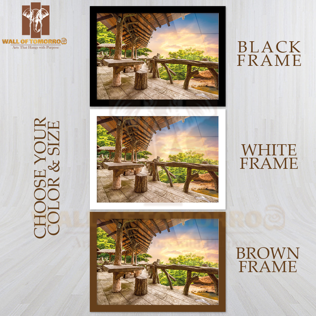 Wooden Porch at the Natural View Point Upon the Mountain in Sunset Time High Quality Unframed Poster Print & Waterproof Poster Print Wall Décor