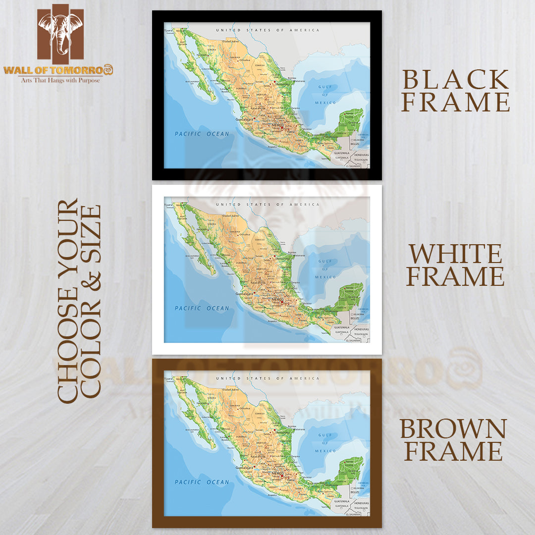 Highly Detailed Mexico Physical Map Educational High Quality Glass Frame Wall Décor