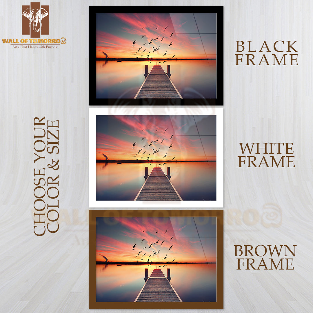 View Of a Wooden Pier on the Pond at Sunset with Perfectly Specular Reflection High Quality Unframed Poster Print & Waterproof Poster Print Wall Décor