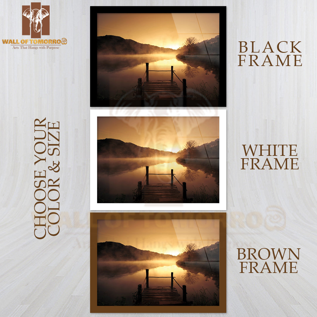 Morning Fog Over Scenery Lake at Urban Village High Quality Glass Frame Wall Décor