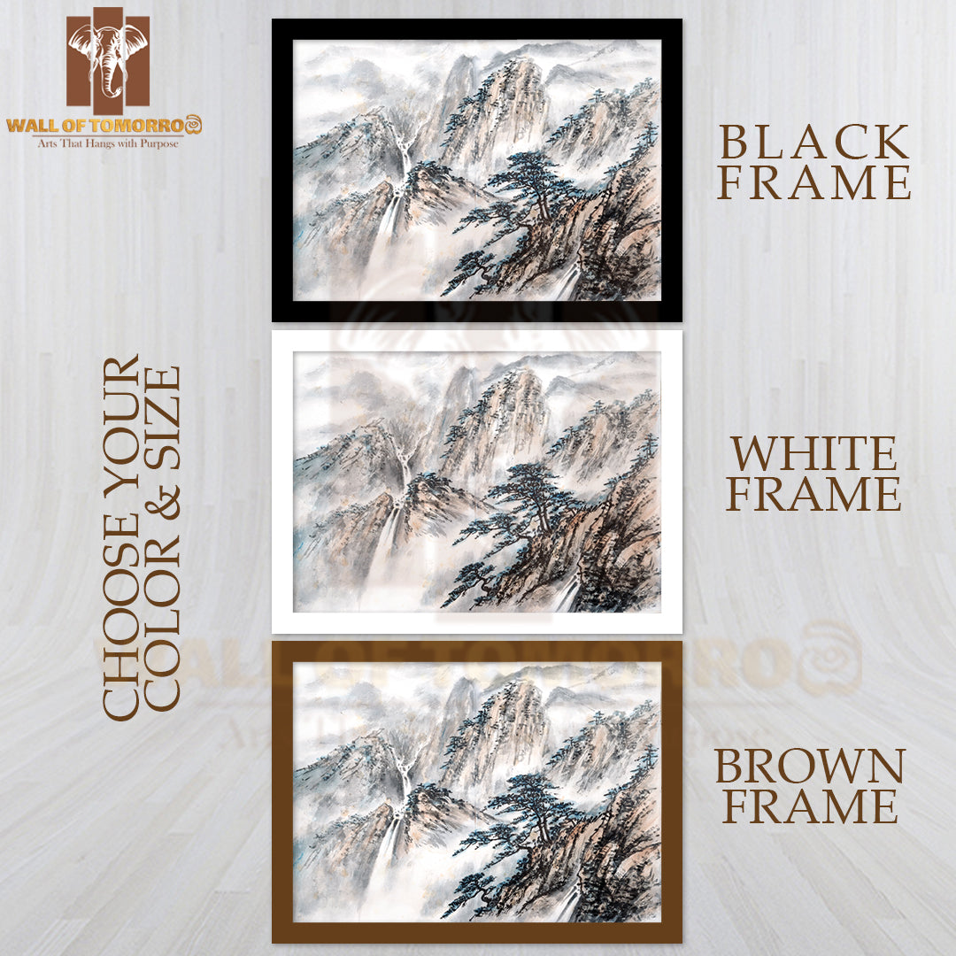 Mountains Scenery with Mist High Quality Glass Frame Wall Décor
