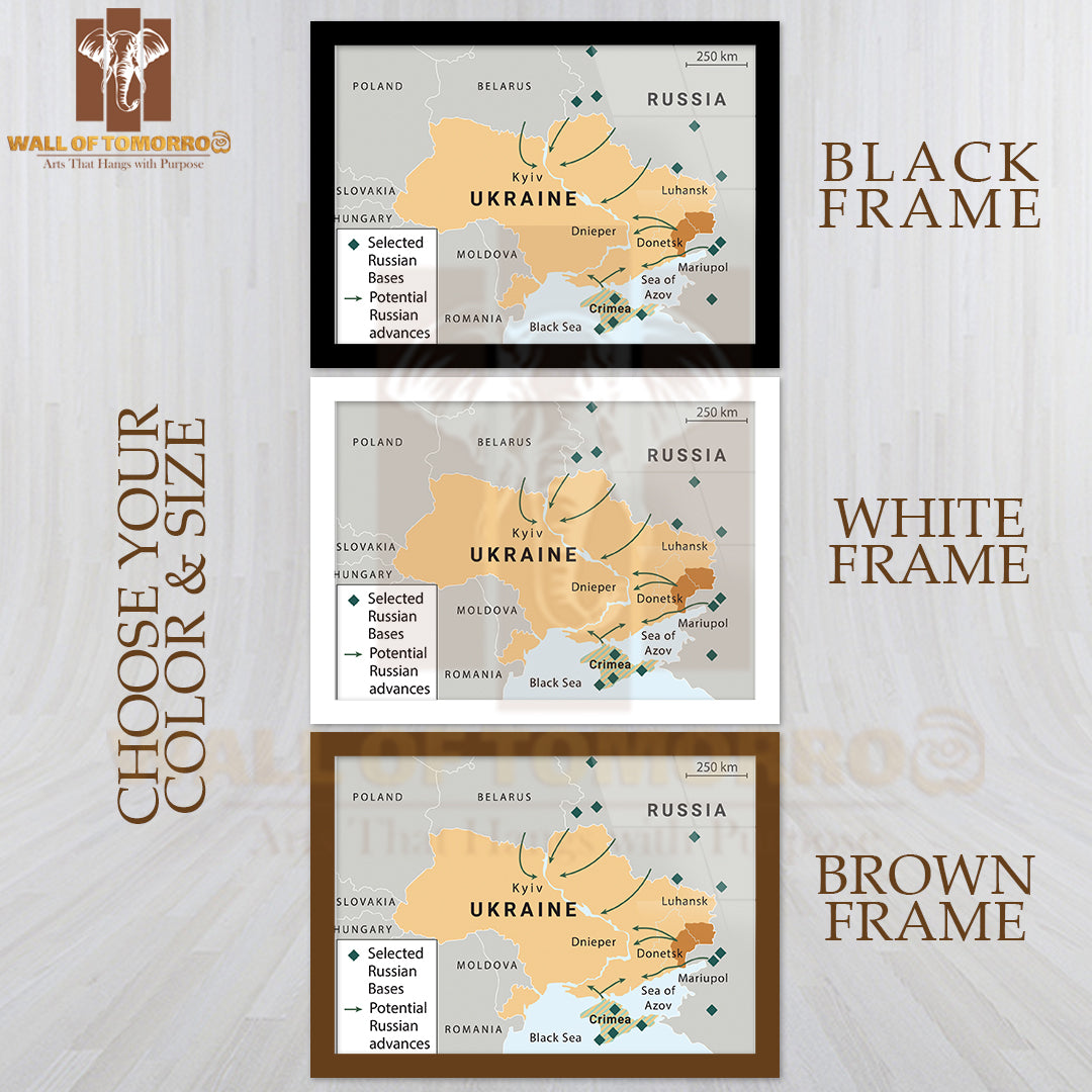 Russia & The US In Ukraine and The Middle East Map Educational High Quality Glass Frame Wall Décor